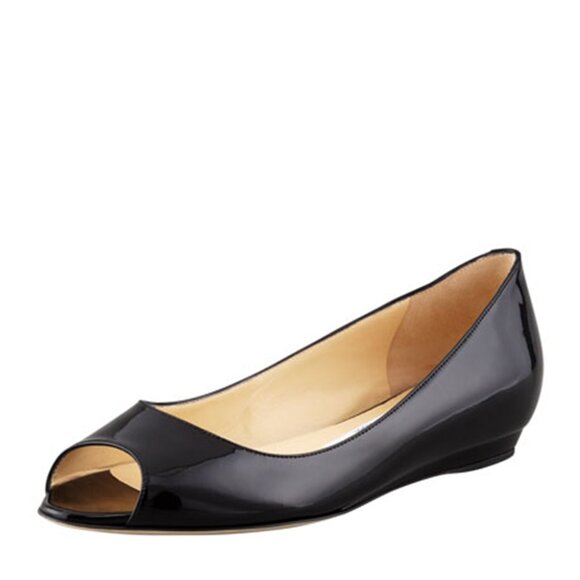 $600+ Jimmy Choo Beck Patent Leather Wedges Flat Peep Toe Shoes Black 35 5 US